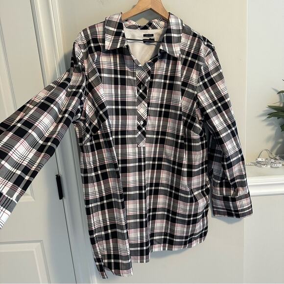 Talbots Black Red Plaid Wrinkle Resistant Long Sleeve Top 20W - Picture 7 of 9